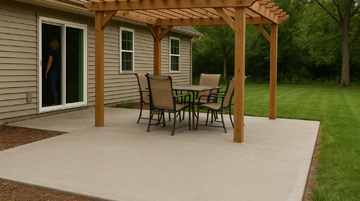 a concrete patio with a pergola from Concrete Contractor Bulls Prime in Leander, TX - leander-tx