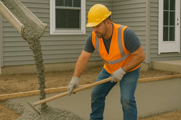 a man spreading the cement that a truck is pouring on the ground from Concrete Contractor Bulls Prime in Round Rock, TX - Concrete Contractor Company