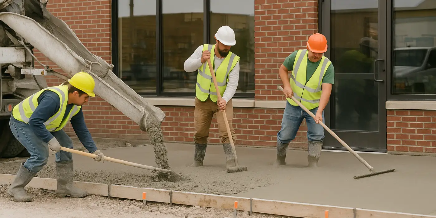 3 concrete contractors spreading concrete on the ground for a sidewalk from Concrete Contractor Bulls Prime in Round Rock, TX - Concrete Cutting Company 3 concrete contractors spreading concrete on the ground for a sidewalk from Concrete Contractor Bulls Prime in Round Rock, TX - Concrete Cutting Company