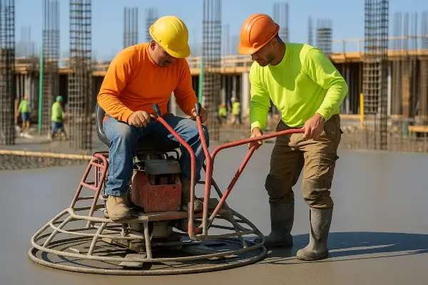 2 men using a machine to finish a concrete slab foundation from Concrete Contractor Bulls Prime in Round Rock, TX - Concrete Repair Near Me