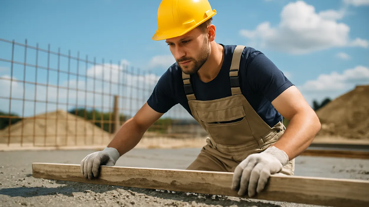 a male concrete worker spreading fresh cement on rebared ground from Concrete Contractor Bulls Prime in Round Rock, TX - Foundation Concrete Slab