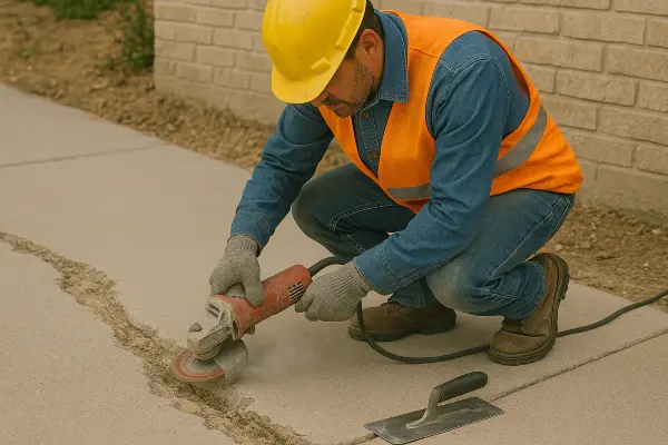 a male worker repairing a sidewalk from Concrete Contractor Bulls Prime in Round Rock, TX - Residential Concrete Repairs a male worker repairing a sidewalk from Concrete Contractor Bulls Prime in Round Rock, TX - Residential Concrete Repairs