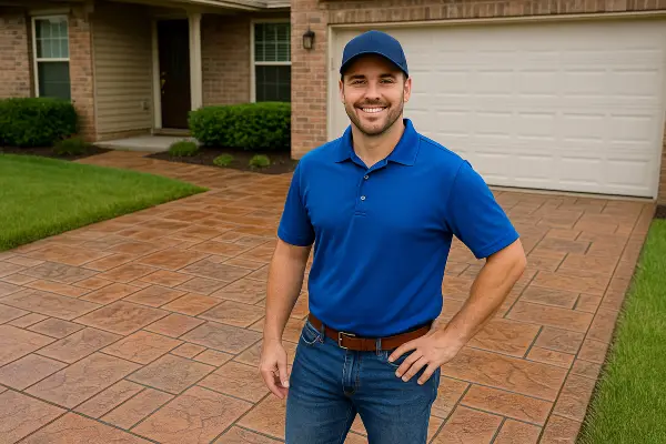a concrete contractor smiling at the camera with stamped concrete behind him from Concrete Contractor Bulls Prime in Round Rock, TX - Stamped Concrete Driveway a concrete contractor smiling at the camera with stamped concrete behind him from Concrete Contractor Bulls Prime in Round Rock, TX - Stamped Concrete Driveway