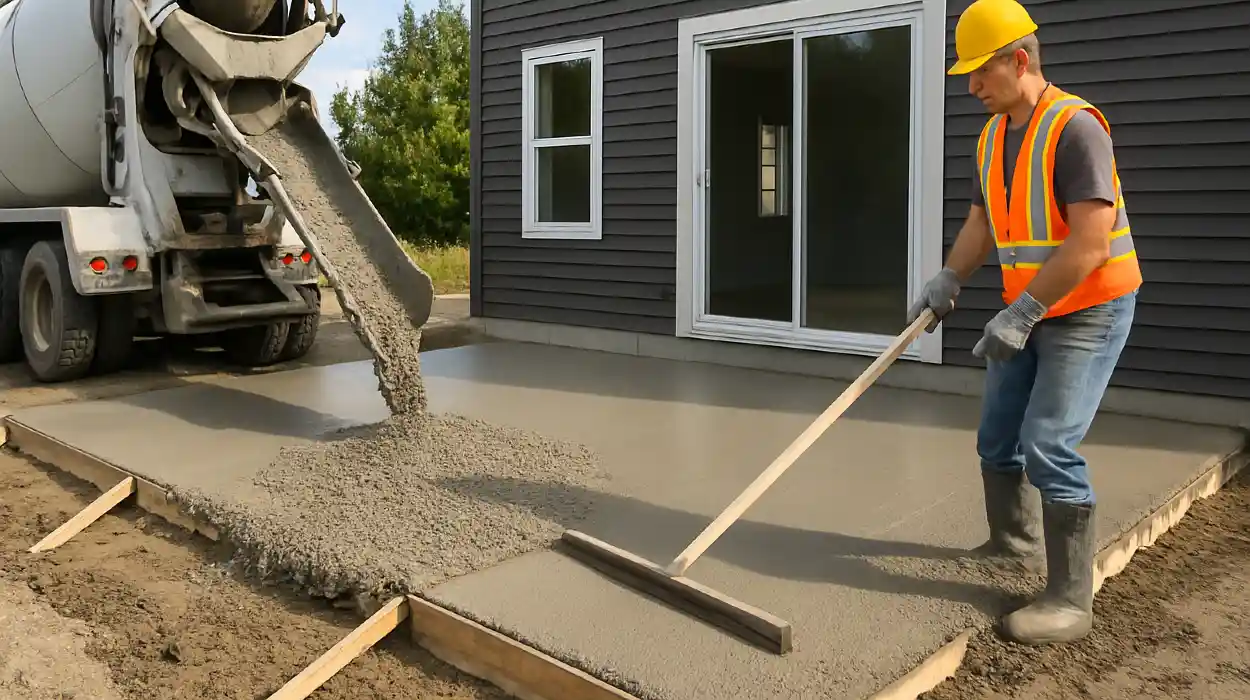 a man spreading the cement a truck is pouring to build a patio from Concrete Contractor Bulls Prime in Round Rock, TX - Stamped Concrete Patio