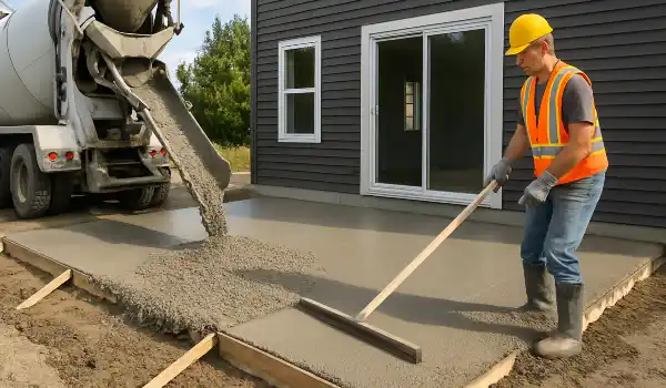 a man spreading the cement a truck is pouring to build a patio from Concrete Contractor Bulls Prime in Round Rock, TX - Stamped Concrete Patio