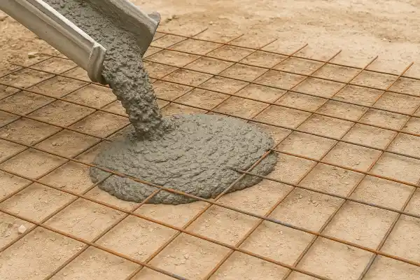 a cement truck pouring cement on a rebared ground from Concrete Contractor Bulls Prime in Round Rock, TX - Stamped Concrete Patio